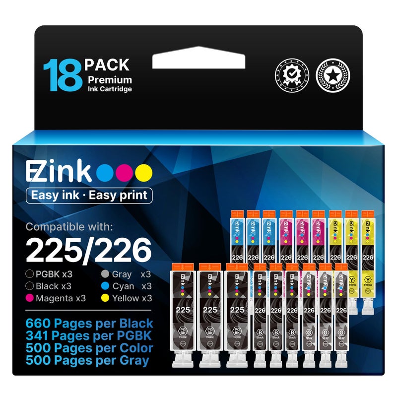 E-Z Ink Compatible Ink Cartridge Replacement for Canon PGI-225 CLI-226 to use with MG6220 MG6120 MG8220 MG8120 MG8120B (3 Gray, 3 Large Black, 3 Small Black, 3 Cyan, 3 Magenta, 3 Yellow) 18 Pack - Image 1